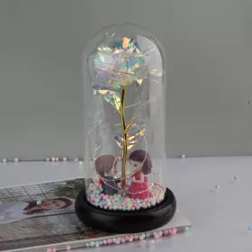   Mesterséges Rózsa fém, Üvegbúrában - Ledes - 20 cm - Fényes arany, Szerelmes párral