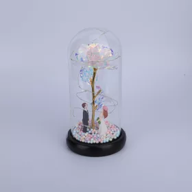   Mesterséges Rózsa fém, Üvegbúrában - Ledes - 20 cm - Fényes arany, Menyasszony és Vőlegény