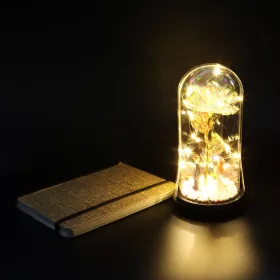   Mesterséges Rózsa fém, Üvegbúrában - Ledes - 20 cm - Fényes arany, Menyasszony és Vőlegény