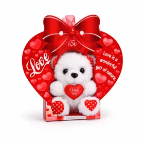   Kismackó „I Love You” szívvel – fehér plüss maci 10 cm, szíves dekor csomagolásban