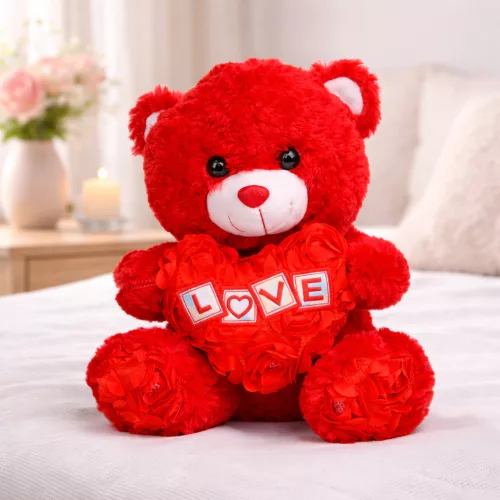 Plüss maci rózsás „LOVE” szívvel – piros plüss játék 30 cm, romantikus ajándék