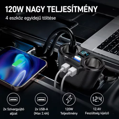 X-start 4 az 1-ben autós szivargyújtó elosztó és USB töltő – 120W, 2× szivargyújtó + 2× USB, feszültség kijelző