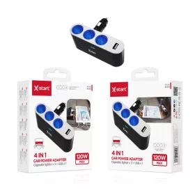   X-start 4 az 1-ben autós szivargyújtó elosztó USB porttal – 120W, 3× aljzat + 1× USB, LED világítás