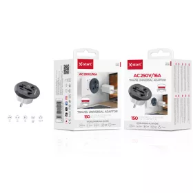   X-Start univerzális utazási adapter – 250V / 16A, fekete többfunkciós világadapter 150 országba