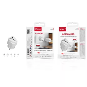   X-Start univerzális utazási adapter – 250V / 16A, többfunkciós világadapter 150 országba