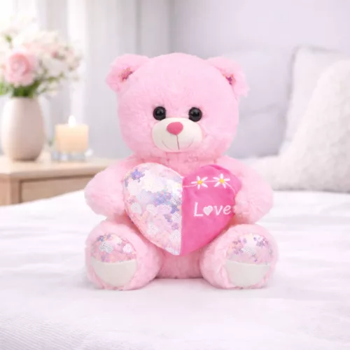Plüss maci „Love” szívvel – rózsaszín plüss játék 35 cm, ajándék maci