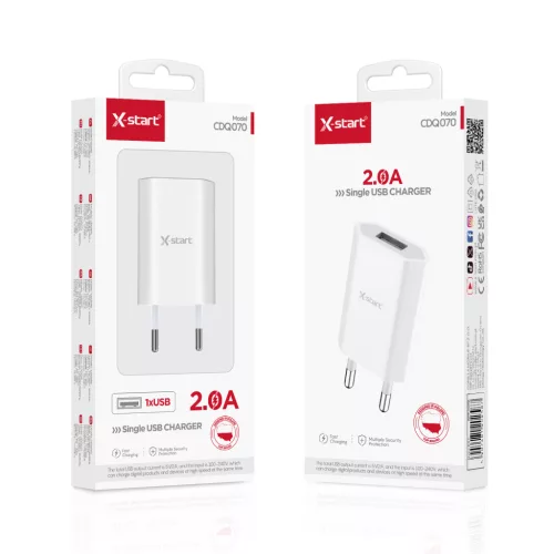 X-start hálózati USB töltő 2.0A – egyportos gyors töltő, fehér (Model CDQ070)