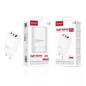   X-start GaN 100W PD+QC gyorstöltő adapter – háromportos, laptop-kompatibilis, fehér