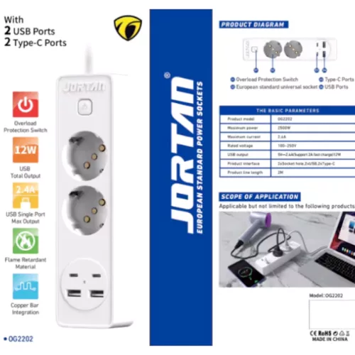 JORTAN hosszabbító 2 aljzattal, 2 USB és 2 USB-C porttal, LED jelzőfénnyel, 2 m kábel