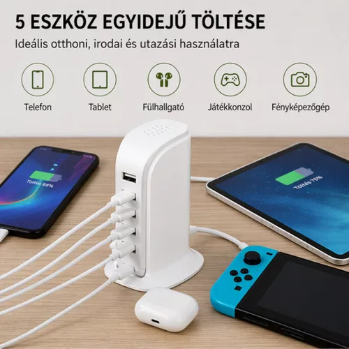 X-start 5 portos USB hálózati gyorstöltő – 6.0A, többkészülékes töltőállomás, kompakt asztali töltő