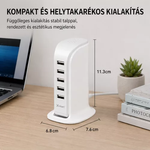 X-start 5 portos USB hálózati gyorstöltő – 6.0A, többkészülékes töltőállomás, kompakt asztali töltő