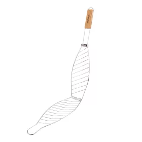   Hal sütő grill rács fa nyéllel – zárható BBQ halrács 51 cm