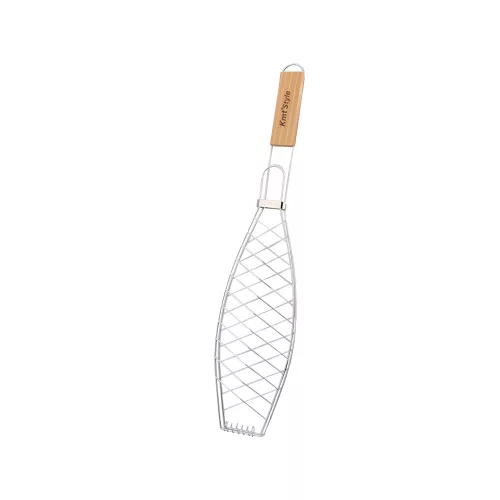 Hal sütő grill rács fa nyéllel – zárható BBQ halrács 51 cm