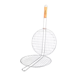   Kerek BBQ grill rács fa nyéllel – zárható barbecue sütőrács 30 cm átmérővel
