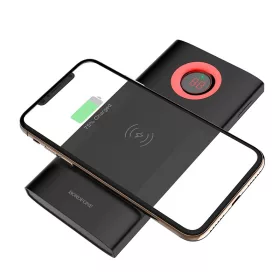   BOROFONE BT16 Power bank vezeték nélküli töltéssel 5W 10000mAh, vezeték nélküli + 2db 2A USB kimenettel,  LED kijelző - Fekete