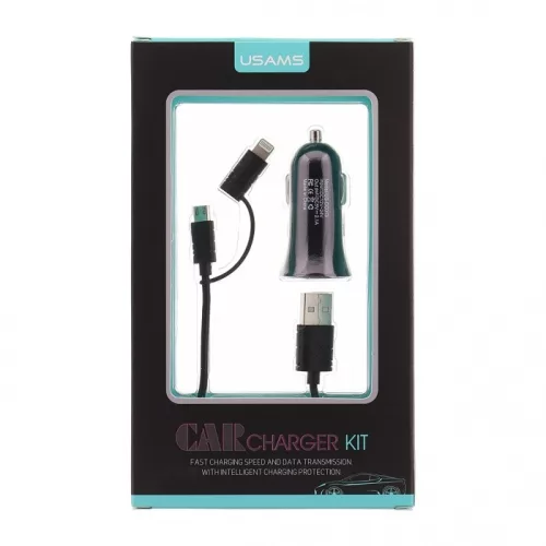 USAMS CC013 Autós szivargyújtó töltő Dupla USB + U-Gee 2v1 Kábel - Fehér