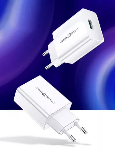 USAMS T22 Gyorstöltő, Utazó töltő, 18W USB QC3.0 - Fehér 