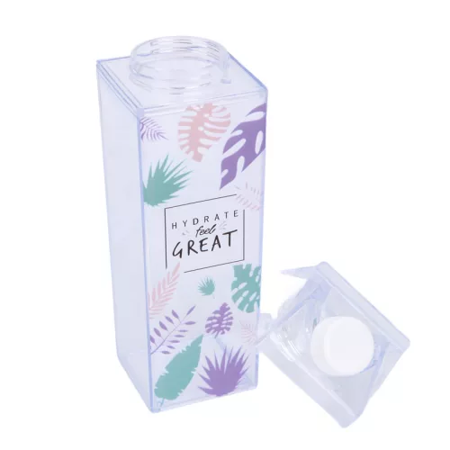 Tej- és gyümölcslétartó palack – tejesdoboz formában, „Hydrate • Feel Great” dizájn, 0,5 L