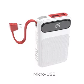   HOCO J40 Hordozható Power Bank 10000 mAh, 1x USB + integrált Micro-USB kábellel kimenet - Fehér