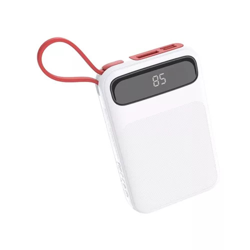 HOCO J40 Hordozható Power Bank 10000 mAh, 1x USB + integrált Type-C kábellel kimenet - Fehér
