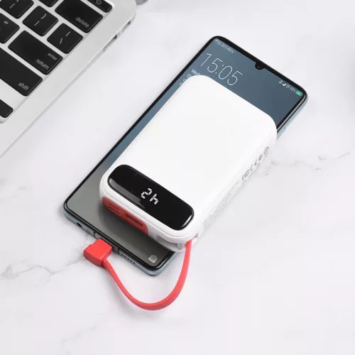 HOCO J40 Hordozható Power Bank 10000 mAh, 1x USB + integrált Type-C kábellel kimenet - Fehér