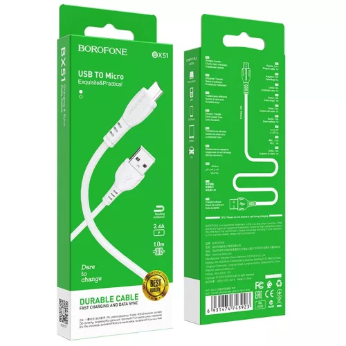 BOROFONE BX51 USB Micro  töltő és adatkábel 1m 2.4A - Fekete