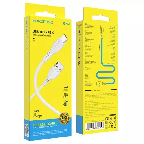 BOROFONE BX51 USB Type-C  töltő és adatkábel 1m 3.0A - Fekete