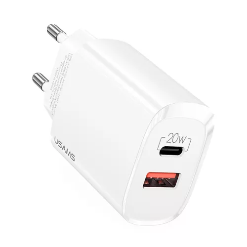 USAMS US-CC121 Gyorstöltő 20W USB + USB-C, QC3.0 + PD3.0 - Feher