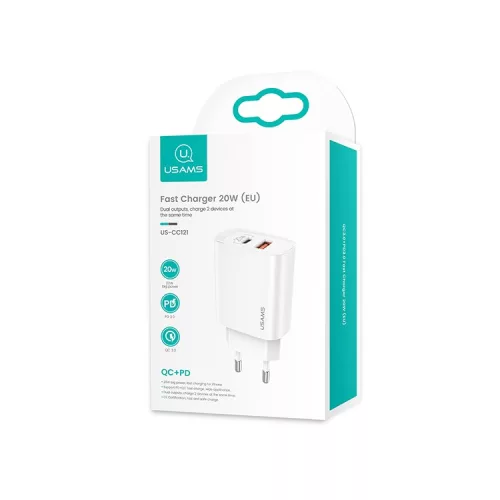 USAMS US-CC121 Gyorstöltő 20W USB + USB-C, QC3.0 + PD3.0 - Feher