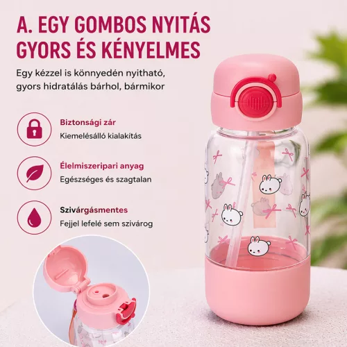700 ml-es gyermek kulacs szívószállal és biztonsági kupakkal – BPA-mentes ivópalack, rózsaszín