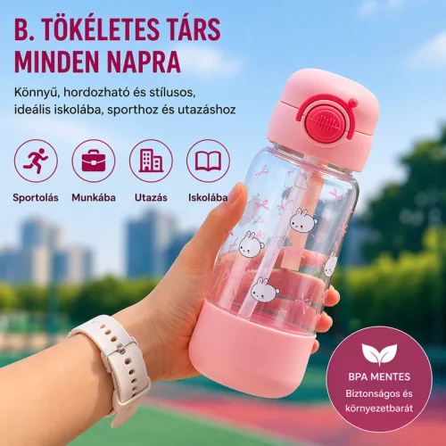 700 ml-es gyermek kulacs szívószállal és biztonsági kupakkal – BPA-mentes ivópalack, rózsaszín