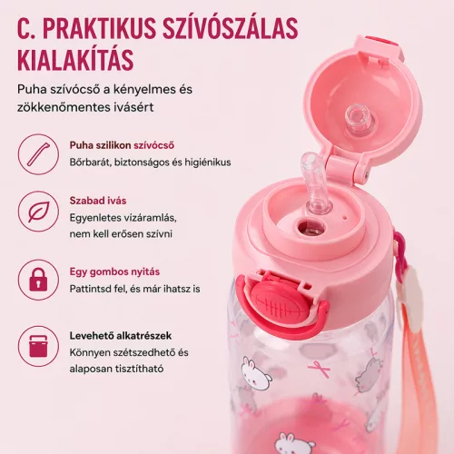700 ml-es gyermek kulacs szívószállal és biztonsági kupakkal – BPA-mentes ivópalack, bézs