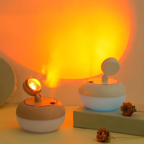 Naplemente hatású aromaterápiás ultrahangos párásító – 300 ml fehér LED fényvetítős diffúzor