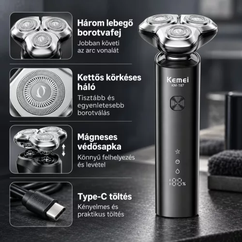 Kemei KM-T87 elektromos körkéses borotva – 3 lebegő fejjel, Type-C töltéssel