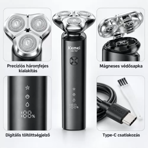 Kemei KM-T87 elektromos körkéses borotva – 3 lebegő fejjel, Type-C töltéssel