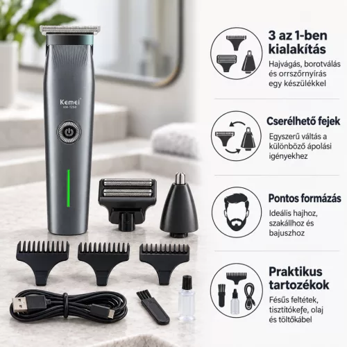 Kemei KM-1258 3 az 1-ben hajvágó, borotva és orrszőrnyíró – cserélhető fejekkel