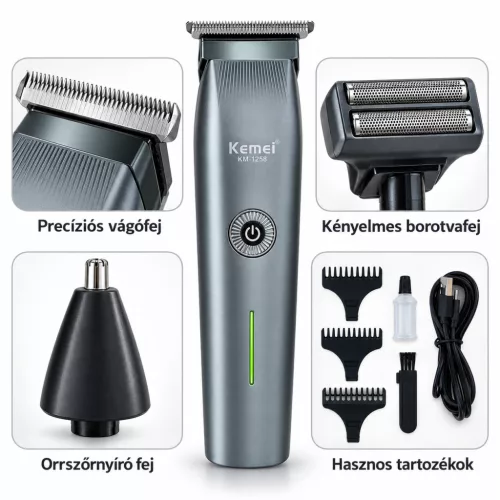 Kemei KM-1258 3 az 1-ben hajvágó, borotva és orrszőrnyíró – cserélhető fejekkel