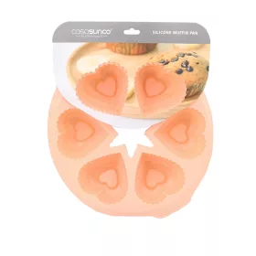   Szilikon muffin sütőforma, barackvirág színű szív alakú 6 adagos 28 cm Casasunco