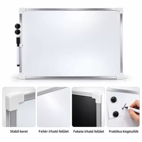 Kétoldalas mágneses írótábla 20×30 cm – fehér/fekete felület, alumínium kerettel