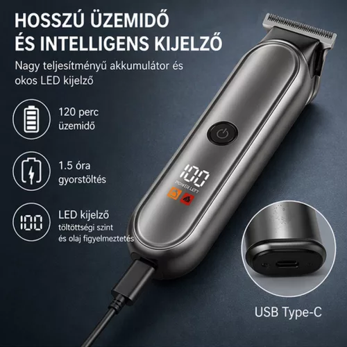 Bomei BM -028 professzionális hajvágó gép – vezeték nélküli trimmer LCD kijelzővel, ezüst kivitel