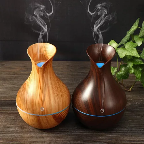 Aromaterápiás párásító 200 ml, Ultrahangos Fa hatású Aroma Diffúzor , 7 színű LED fénnyel Tulipán alakú - Világosbarna