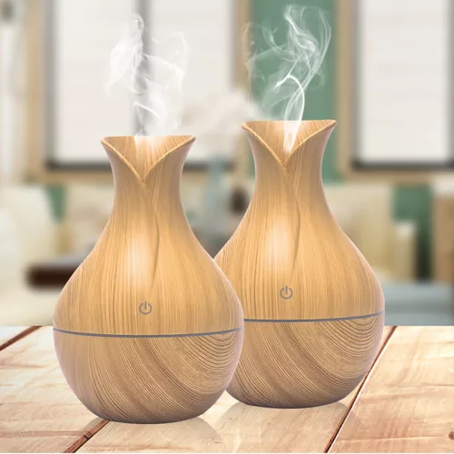 Aromaterápiás párásító 200 ml, Ultrahangos Fa hatású Aroma Diffúzor , 7 színű LED fénnyel Tulipán alakú - Világosbarna