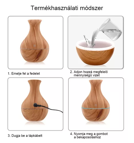 Aromaterápiás párásító 200 ml, Ultrahangos Fa hatású Aroma Diffúzor , 7 színű LED fénnyel Tulipán alakú - Világosbarna