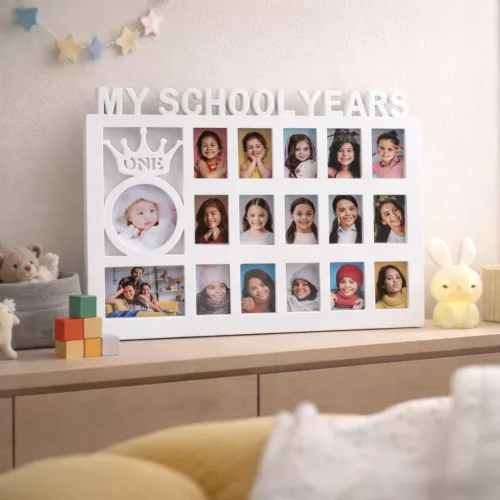 Gyermek emlék fotókeret „My School Years” – többképes, fehér képkeret babától iskolás korig