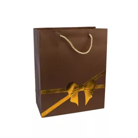   32 x 26 cm ajándék táska, barna, arany masnis díszítéssel