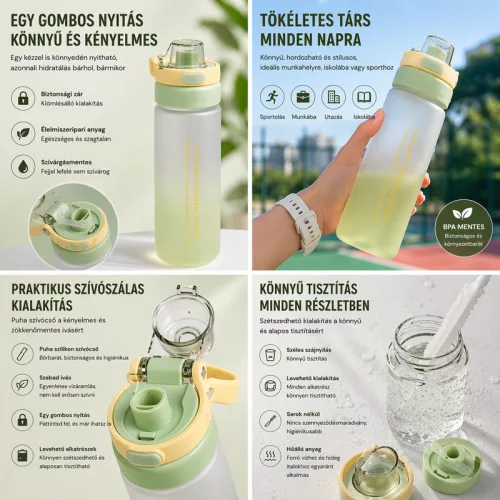 550 ml-es szívószálas sport kulacs – BPA-mentes ivópalack, fehér-bézs
