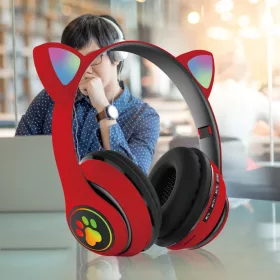   Macskafül, Színes ragyogás, Bluetooth 5.0 fülhallgató mikrofonnal, Piros