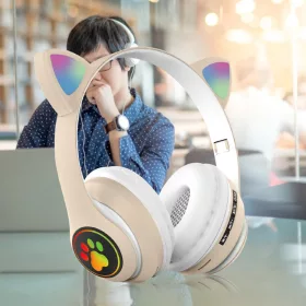   Macskafül, Színes ragyogás, Bluetooth 5.0 fülhallgató mikrofonnal, Khaki