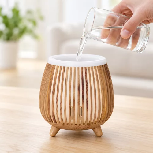 Aromaterápiás ultrahangos párásító 140 ml – világosbarna, LED világítással