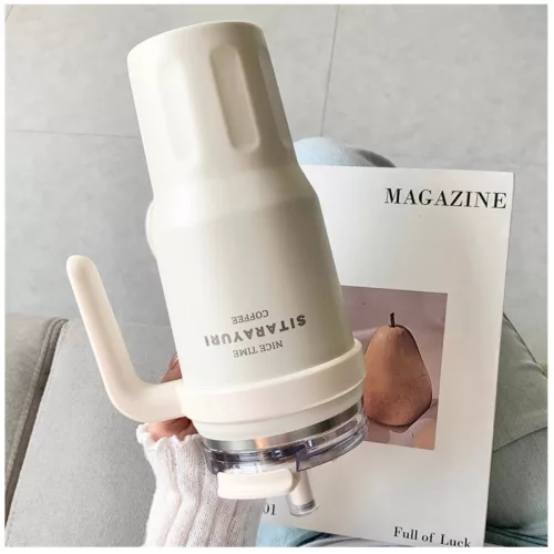 SITARAYURI Coffee thermo bögre szívószállal és füllel – 1 liter, szürke